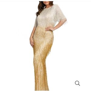 MAC DUGGAL FRINGE MAXI DRESS, BEADED, GOLD / SILVER, SZ 14,NEW WITH TAG